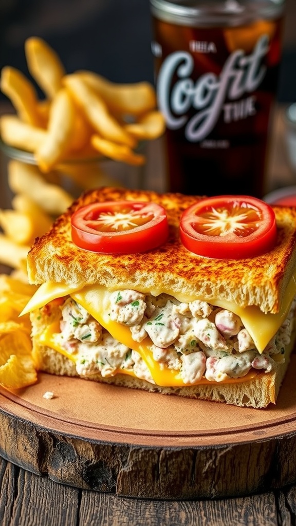Toasty tuna melt with melted cheese and fresh tomatoes on a wooden board, served with potato chips.